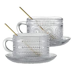 Gezzeny Vintage Coffee Mugs with Saucers 14 Oz Set of 2 Embossed Glass Cups, Tea Cups, Glass Coffee Cups for Cappuccino, Latte,Cereal, Beverage Birthday Valentine's Day Gifts One Missing Plate