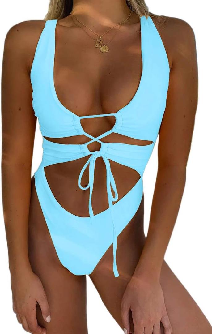 CHYRII Women's Sexy Cutout Lace Up Backless High Cut One Piece Swimsuit Monokini (Medium, Baby Blue)