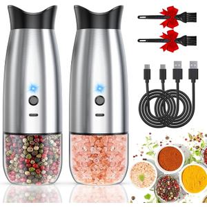 Gravity Electric Salt and Pepper Grinder Set, USB Rechargeable, No Battery Needed, Adjustable Coarseness, Automatic Mill Grinder with Warm LED Light, One Hand Operated for Kitchen, Restaurant, Outdoor (Silver)