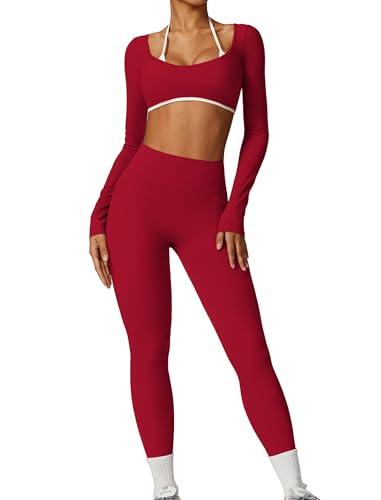 ABOCIW Workout Sets for Women Long Sleeve Crop Top with Built in Bra Halter Open Back Yoga Shirts Butt Lifting High Waist Leggings with Pockets 2 Piece Gym Sets Cherry Red Small