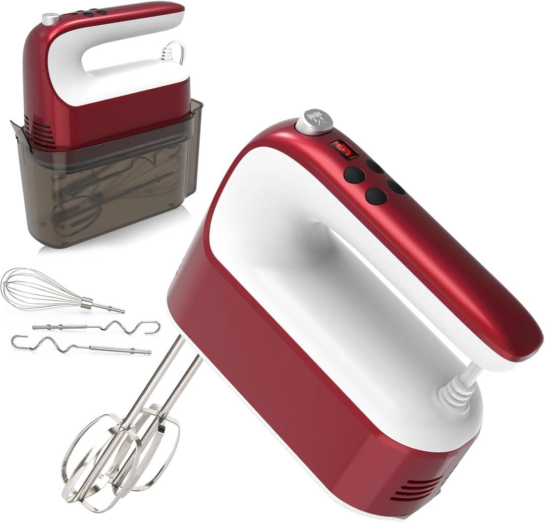 9-Speed Digital Hand Mixer Electric, 400W Powerful DC Motor, Hand Mixer Electric Handheld with Snap-On Storage Case, 5 Stainless Steel Accessories, Beaters, Dough Hooks, Whisk(Red/White)