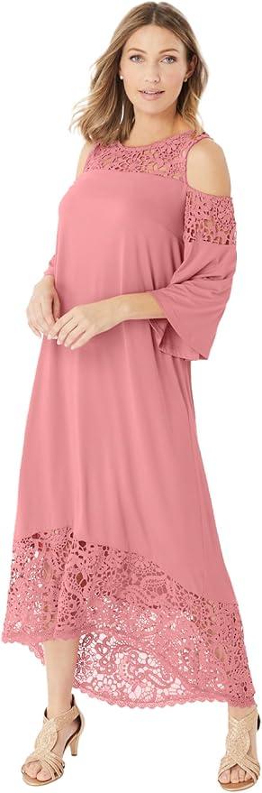 Roaman's Women's Plus Size Lace-Panelled Ultrasmooth Fabric Cold-Shoulder Dress, 1X