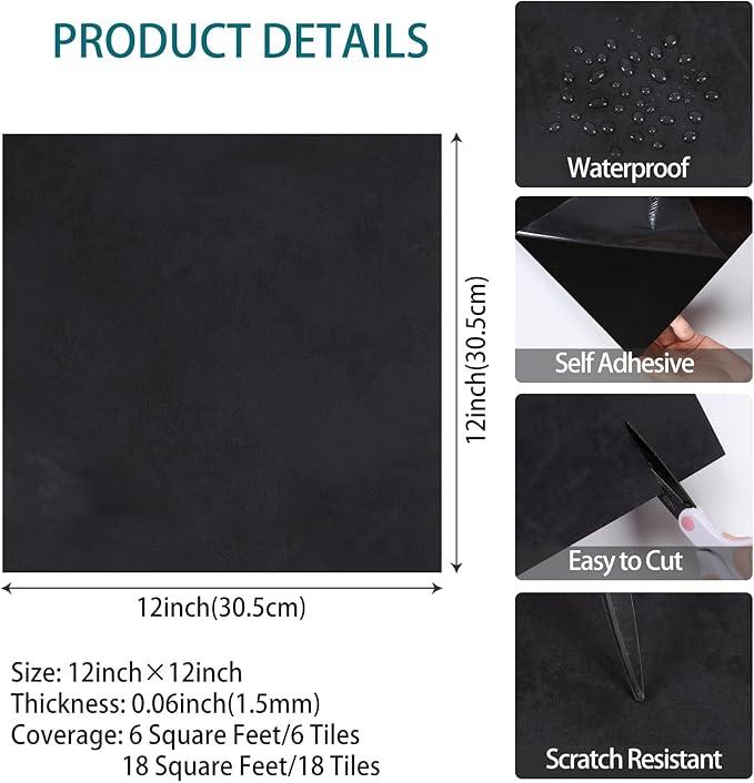 VaryStyle 18 Sheet Floor Tiles Peel and Stick Waterproof Bathroom Vinyl Flooring Tiles 12"x12" Black Concrete Flooring Renter Friendly Self Adhesive Thick Stick on Floor Tile for Kitchen Living Room