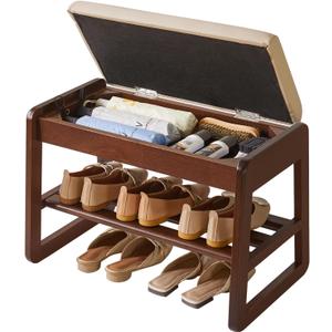 Solid Wood Shoe Bench with Cushion, 2 Tiers Wood Shoe Bench with Flip-Top Storage, 23.62in Shoe Rack for Entryway, Hallway, Walnut Color YD-WD060B