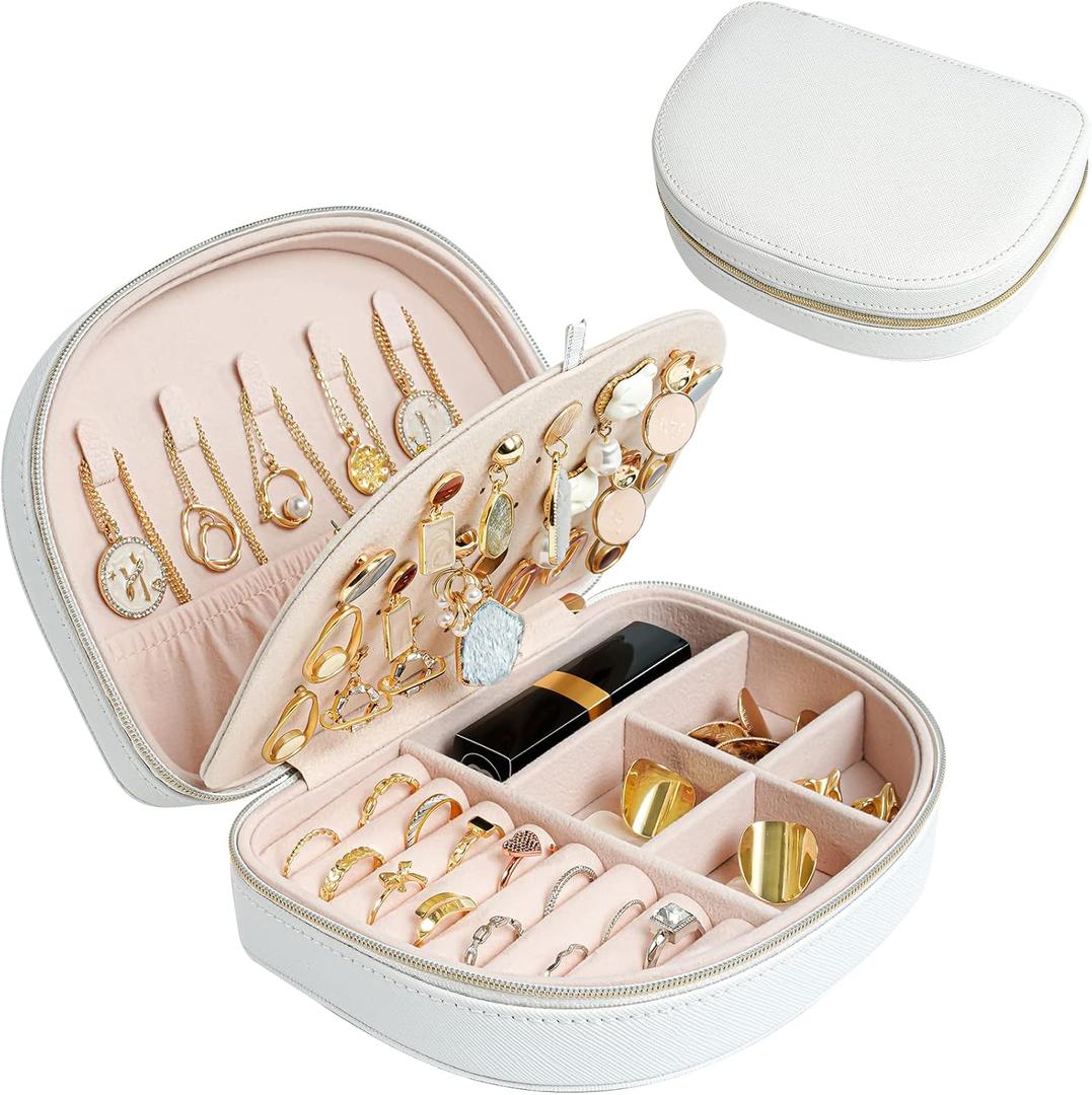 ProCase Travel Size Jewelry Box, Medium Portable Seashell-Shaped Jewelry Case, 2 Layer Mini Jewelry Organizer in PU Leather for Women -White (Medium - No Mirror)