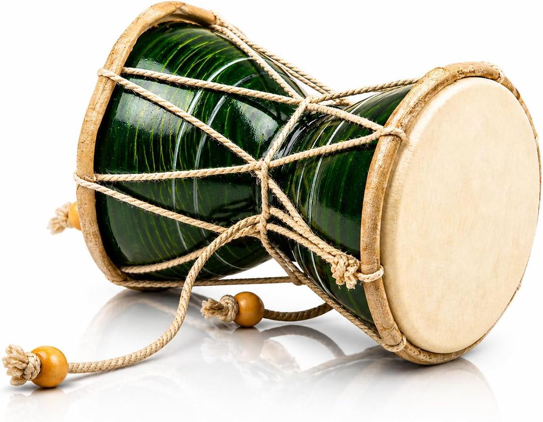 4 Inch Small Handmade Traditional Authentic Wooden & Leather Classical Indian Folk Dumroo Damroo Damaru Hand Drum Percussion Instrument Set, Decorative Collectible Showpiece World Musical Instruments