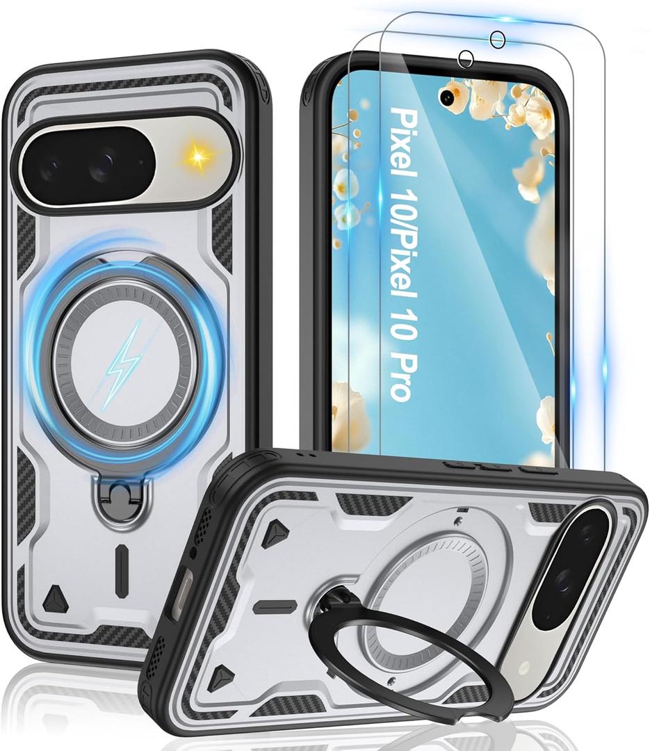 Gritup fro Google Pixel 10/10 Pro Case | Military-Grade Magnetic Protective Cover Compatible with Mag-Safe, 2-Pack HD Screen Protectors, Rotating Kickstand & Anti-Fingerprint Design | Gray