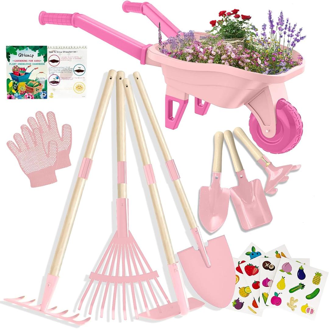 Qtioucp Kids Gardening Set with Wheelbarrow, Real Metal Garden Tools for Kids Ages 38, 4 Long Handle Tools, 3 Hand Tool, Gloves, 5 Stickers, Handbook, Outdoor Backyard Toys for Toddler Gift