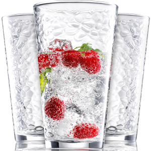 Set of 10 Hammered Glass Cups, 16oz. Dishwasher Safe Cocktail Drinking Glasses - Clear Heavy Base Stemmed Water Glasses, Tall Beer Glasses, Bar Glass, Juice, Iced Tea, Margarita, & Everyday Drinks.