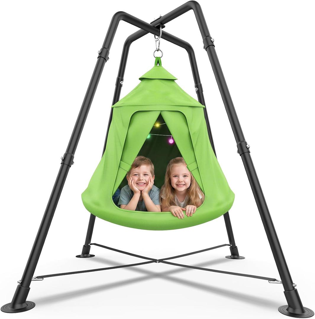Tent Swing Set for Kids, Hammock Chair with X-Shaped Stand, 330 lbs | 32mm Steel Frame, 900D Oxford Fabric, with LED Lights, Indoor Outdoor Use, Green
