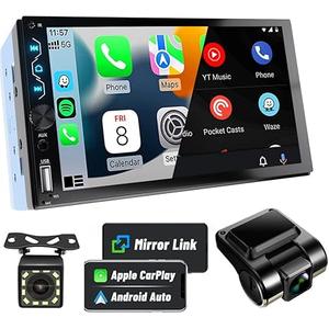 Double Din Car Stereo with Dash Cam | 7INCH Touchscreen Car Radio Receivers Support with Apple Carplay & Android Auto, Bluetooth, Backup Camera, Mirror Link, Voice Control, SWC, FM/USB/TF/AUX