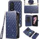 Phone Case for Samsung Galaxy Z Fold 3 5G 2021 Zipper Wallet Detachable Cell Cover with Crossbody Lanyard Strap Glitter Flip Card Holder Slot ZFold3 Z3 Fold3 3Z ZFold35G Women Men Girls Navy Blue