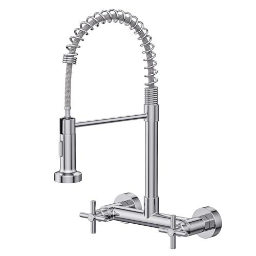 Wall Mount Faucet, Hurran Kitchen Faucet, 8 Inch Utility Sink Faucet with 2 Functions Sprayer, Commercial Kitchen Sink Faucet Dual Handles for Laundry Room Restaurant Compartment Sink (Chrome)