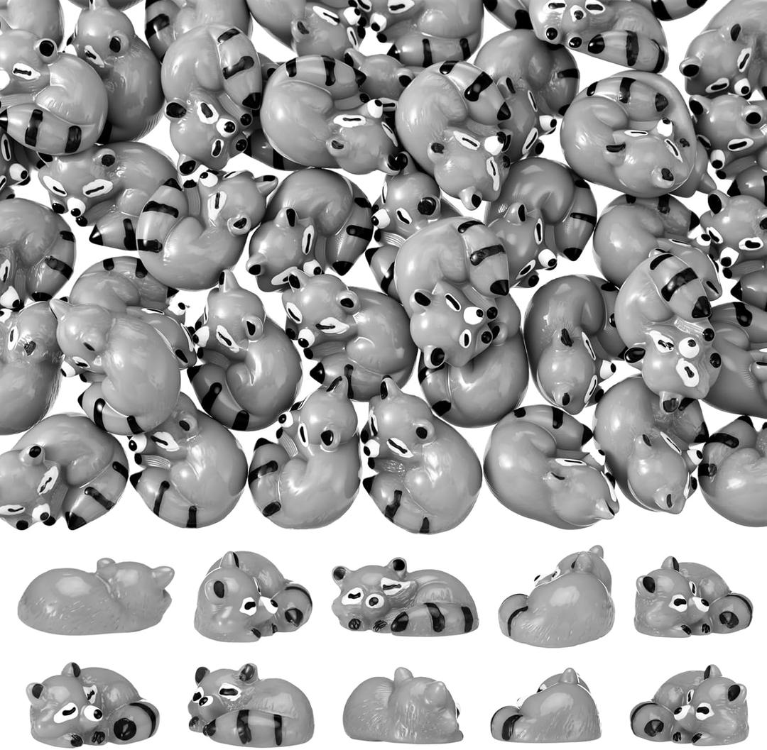 Seenelling 50 Pcs Mini Raccoon Figurine Bulk Resin Miniature Tiny Animals Figures Small Little Cute Raccoon Home Decor for Cabin Lodge Rustic Cake Toppers Desktop Home Decor(Sleep)