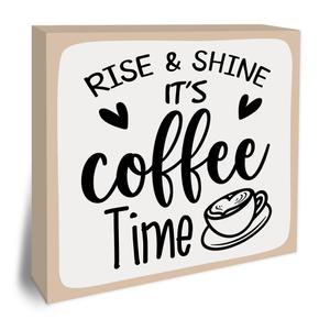 4 x Rise & Shine It’s Coffee Time Wooden Block Plaque - Brown & Gray Tabletop Sign Decor For Friend Family Coworker - 5"x5" Room Cafe Coffee Bar Wood Block - Funny Desk Gifts Favors & Supplies - A08