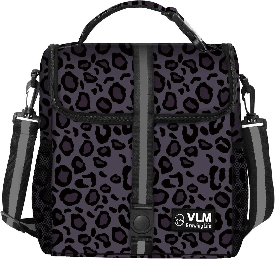 VLM Lunch Bags for Women,Leakproof Insulated Floral Lunch Box with Adjustable Shoulder Strap Reusable Zipper Cooler Tote Bag for Work,Picnic,Camping Leopard-Purple (Medium)