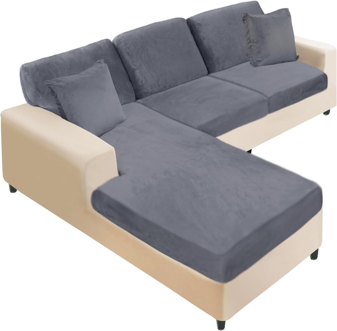 NAISI Sectional Couch Covers 6 Pieces Velvet Couch Cushion Covers L Shape Soft Stretch Sofa Slipcovers with 2pcs Pillowcases for Left/Right Chaise Sectional Couch(2 Seater+1 Chaise+3 Back,Dark Grey)