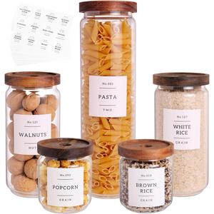 5 Set Glass Pantry Storage Jars with Acacia Airtight Lid - Thicken Glass Kitchen Canisters with 132 Pantry Labels - Clear Glass Food Storage Containers with Wood Lid for Tea,Sugar,Candy,Cookie,Pasta