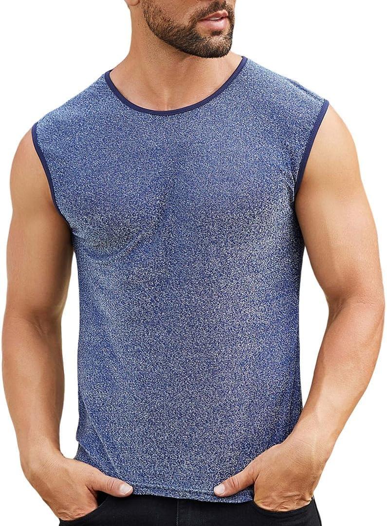 ABAFIP Men's Sparkly Glitter Mesh Tank Top Sleeveless Sheer Undershirt Rave Tanks Party Tee Shirts (Navy Blue, Small)