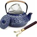 Juvale Japanese Cast Iron Teapot with Infuser & Stovetop Tea Kettle - 34 oz, Blue - Heat Retention, Removable Lid & Fold-Down Handle