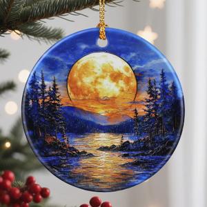 Christmas Ornaments, 2.8 Inch Ceramic Hanging Ornament, Christmas Tree Ornaments, Xmas Decorations, Holiday Decorations, Holiday Party Gifts, and Xmas Gift Ideas - Full Moon Over Forest Lake