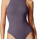 IUGA Bodysuits for Women Tummy Control Sleeveless Bodysuit Racerback Halter Body suits Tank Top, Violet,  Size S