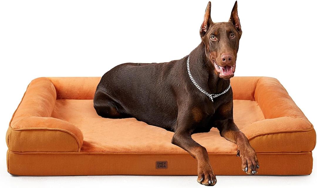 EHEYCIGA Orthopedic XL Dog Beds, Waterproof Memory Foam Dog Bed for Extra Large Dogs, Non-Slip Bottom and Egg-Crate Foam Big Pet Couch Bed with Washable Removable Cover, Pumpkin Orange
