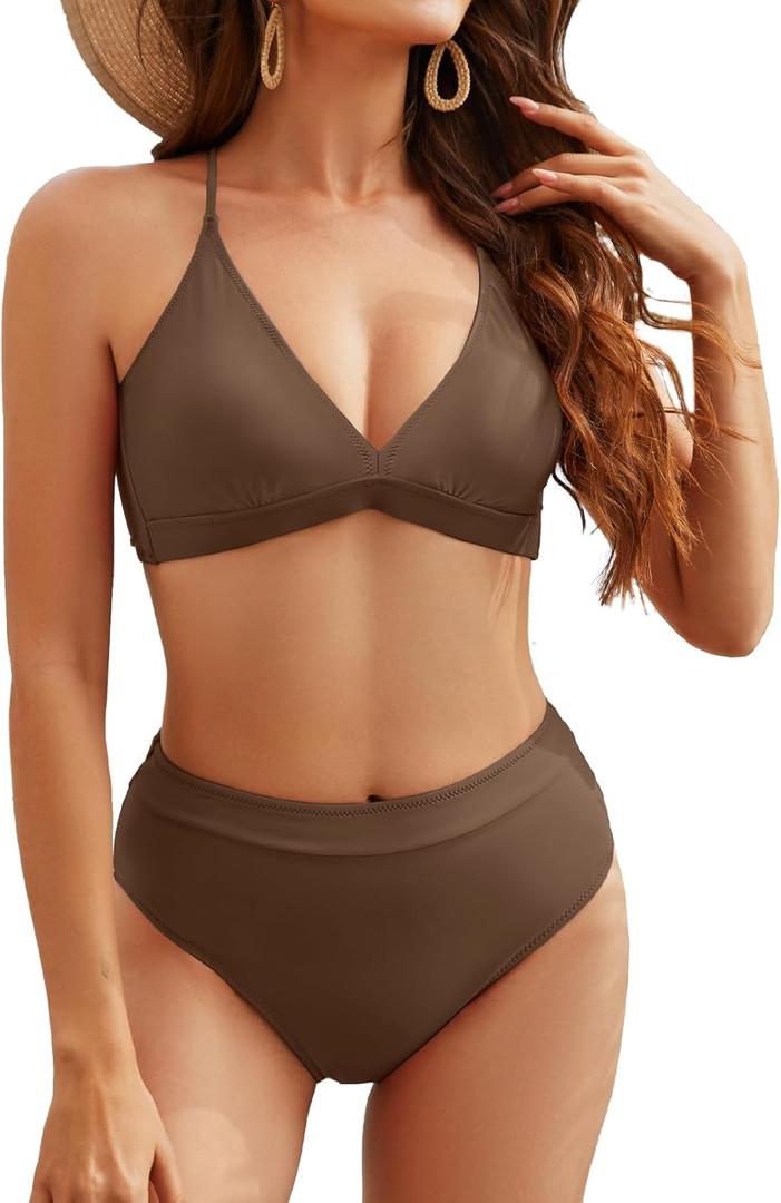 Women High Waisted Bikini Sets Criss Cross Back V Neck Bathing Suits High Cut Two Piece Swimsuits (Brown, XL)