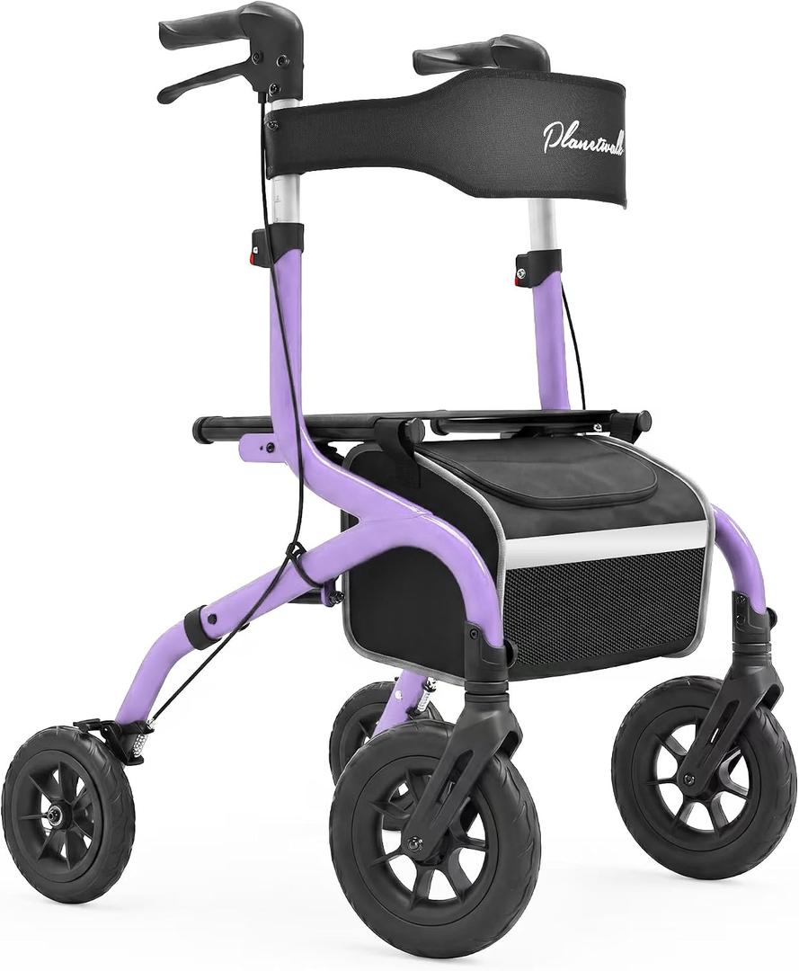 PLANET WALK Folding Rollator Walker for Seniors with 10" & 8" All-Terrain Thick Treaded Rubber Tires, 300lb Capacity Aluminum Frame, Breathable Seat & Backrest, Lightweight Mobility Aid, Purple