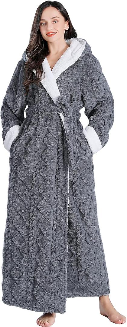 LKG Women's Robes Long Plush Hooded Ladies Shower Luxury Christmas Warm Fuzzy Robes House Coat Bathrobe for Women Full Length (Large, Gray)