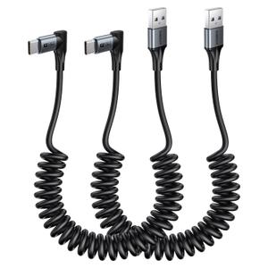 SUNGUY Right Angle Coiled USB C Cable 3FT [2Pack], 90 Degree USB A to USB C Cable for Android Auto & Carplay, USB Type C Charging Cable for iPhone 16 15 Pro/Pro Max/Plus, Samsung Galaxy S24 S23 S22 (Grey)