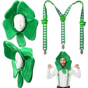Zeyune 2 Pcs St Patrick's Day Party Costume Green Shamrock Top Hat & Shot Glasses Suspender with Clip Irish Accessories