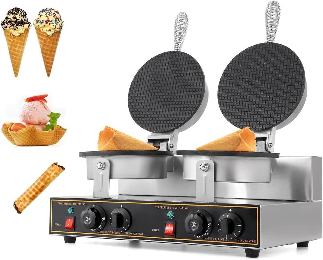 Commercial Ice Cream Cone Maker, 1200W+1200W Double Head Waffle Cone Egg Roll Maker Machine with Intelligent Temperature & Time Control, Stainless Steel Body, Nonstick Mold for Restaurant Home