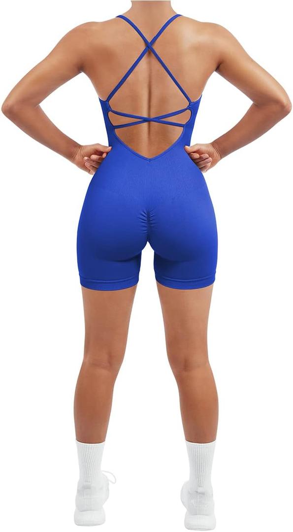 SUUKSESS Women Strappy Romper Seamless Jumpsuit Tummy Control Padded Sports Bra (Small, 11 Royal Blue)