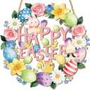 Easter Wood Door Hanging Sign with Happy Easter Bunny Egg Wreath Decoration Spring Wall Hanging Decor for Farmhouse Party Supplies & Easter Gifts