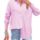 OMSJ Womens Striped Button Down Shirts Smocked Cuffed Sleeve Stylish Collared Office Work Blouses with Pocket (Small, Pink)