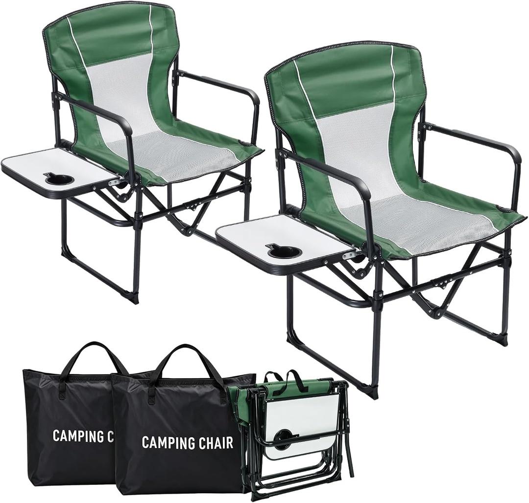2 Pack Camping Chairs with Side Table & Cup Holder 400 lbs, Green
