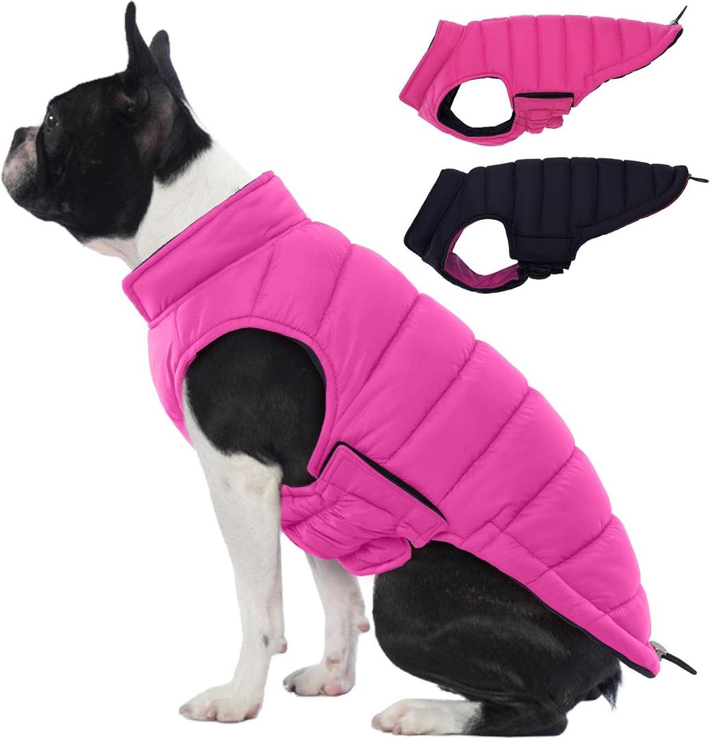 Lelepet Reversible Dog Coat Waterproof Dog Jacket Windproof Puffer Vest for Winter Warm Lightweight Coats for Small Dogs Adjustbale Hook & Loop Pet Apparel with Leash Hole, Pug, Rose Red, Medium