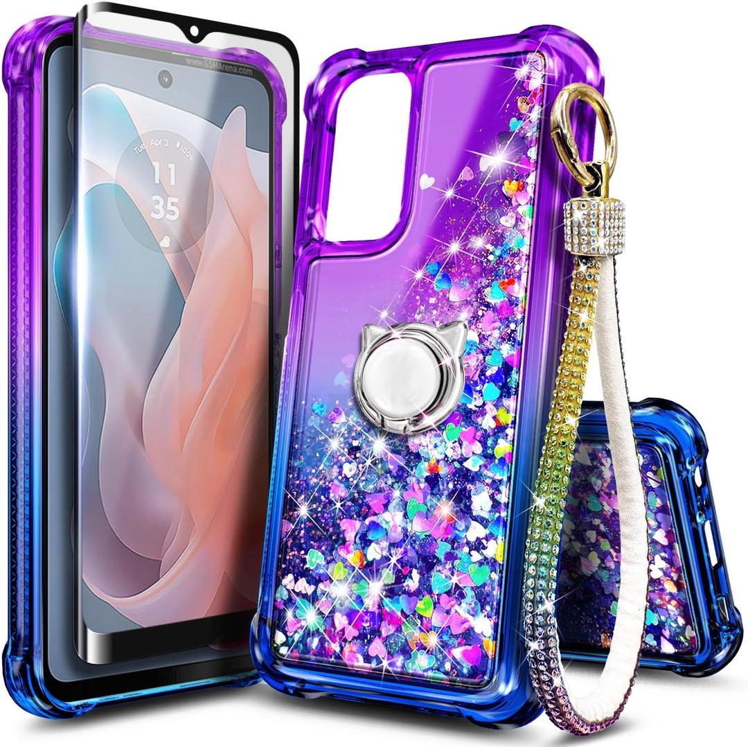 Compatible with Motorola Moto G-Play-2024 Case, Purple/Blue | Glitter Bling Sparkly Floating Liquid Cute Phone Cover with Tempered Glass Screen Protector/Ring Holder/Diamond Wrist Strap Lanyard