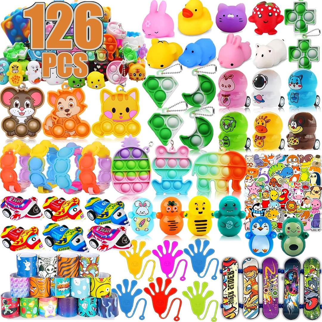 126 Pack Party Favors for Kids 3-5,Pop Fidget Toys, Classroom Prizes, Treasure Box Toys, Pinata Filler, Goodie Bag Stuffers, Treasure Chest, Prize Box Bulk Small Toys, Easter Egg fillers