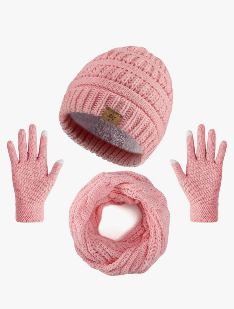 Winter Beanie Hat Scarf Gloves Set, Thick Warm Knit Winter Skull Cap Touch Screen Gloves Neck Scarf for Women Men
