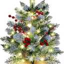 Small Christmas Tree, 22 Inches Artificial Tabletop Christmas Tree with 50 Lights, Snow Flocked Mini Xmas Tree with Pinecones Berries Wood Base for Christmas Decorations Indoor Home Decor