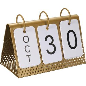 PATIKIL Vintage Wood Perpetual Calendar, Flip Calendar Turn Page Month Date Display for Desk Office Home Decoration Style 1, Golden (6.3"W x 4.5"H)