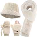Jeere 3 Pcs Winter Faux Fur Hat Scarf Gloves Set for Women Faux Fur Bucket Hat Winter Flip Gloves Warm Scarf for Men Women (Beige)