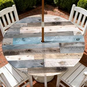 Outdoor Tablecloth with Umbrella Hole and Zipper, Round Fitted Patio Table Covers for Spring/Summer, Machine Washable Outdoor Picnic Table Cloth (Wooden, 45-52" Round)