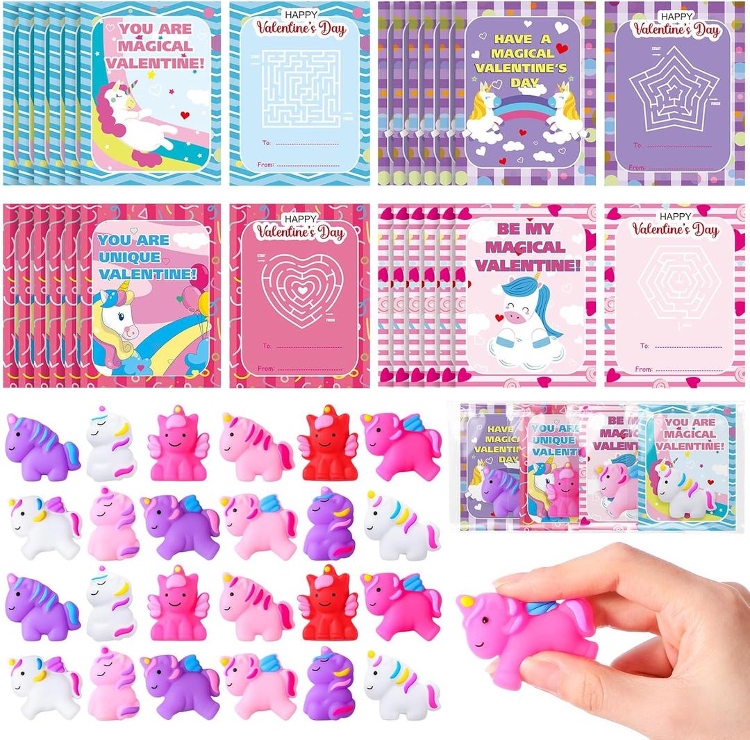 Seenelling 24 Pcs Unicorn Valentine's Day Gift Cards with Unicorns Squeeze Toys and Bags Valentines Gifts Fidget Toys Stress Relief Balls for Class School Party Favors Prizes Goodie Bags