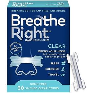 Breathe Right Original Nasal Strips Clear Sm/Med For Sensitive SkinDrug-Free Snoring Solution & Nasal Congestion Relief Caused by Colds & Allergies 30 ct (Packaging May Vary)