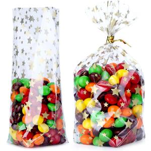 2 x 100pcs 4x6 inch Clear Cellophane Gift Bags - Gold Star Printed, Bottom Gusset, Perfect for Party Favors & Treats, Includes 5" Twist Ties