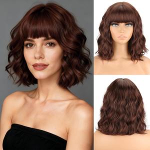 MISSQUEEN Brown Wavy Wigs With Bangs Curly Short Bob Wigs for Women for Heat Resistant Fiber Synthetic Colorful Wig for Daily Party Cosplay Chrismas Halloween Used