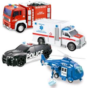 JOYIN 4 Packs Emergency Vehicle Toy Playsets, Friction Powered Vehicles with Light and Sound, Including Fire Truck, Ambulance, Play Police Car and Helicopter, Christmas Toddler Kids Boys Gifts